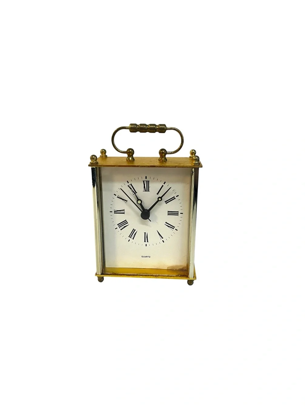 Vintage Gold Tone Quartz Carriage Mini Desk Clock W/ Roman Numerals Works 3.5”